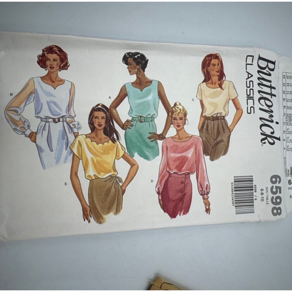Vintage Butterick Sewing Pattern 6598 Womens 6 8 10 Top Blouse Short Long Tank